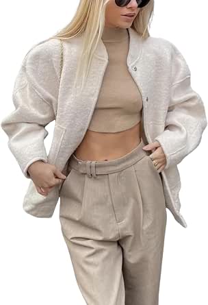 Ailoqing Womens Oversized Bomber Jackets Wool Blend Button Down Casual Varsity Jacket Coats Outerwear(Beige-S)