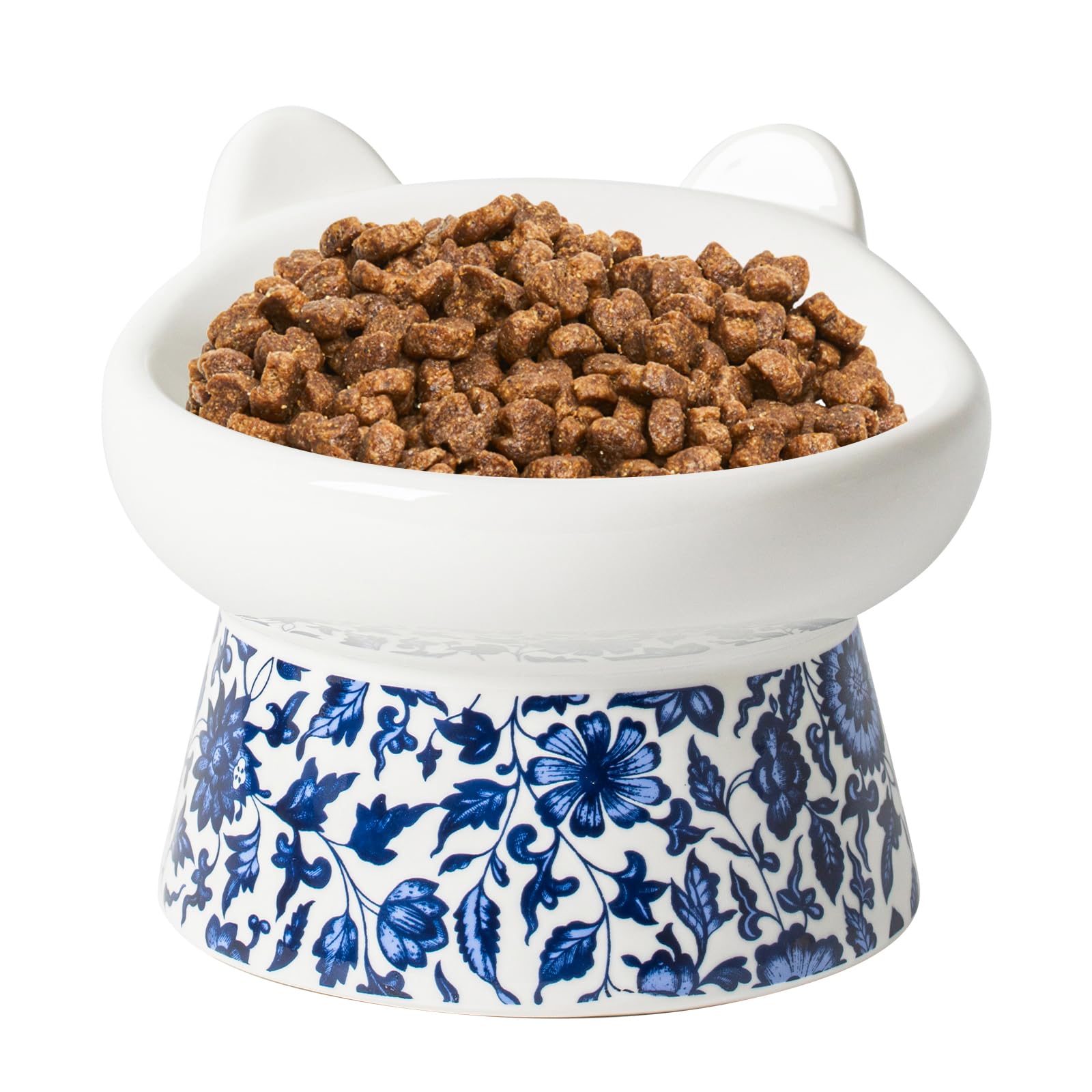 TIGOADT Ceramic Raised Cat Bowl, Wide Shallow Elevated Cat Food Dish, Tilted Pet Feeding Bowl with Stand, Anti Vomit Anti Whisker Fatigue Neck Protective Feeder for Kittens & Seniors (Blue-and-White)