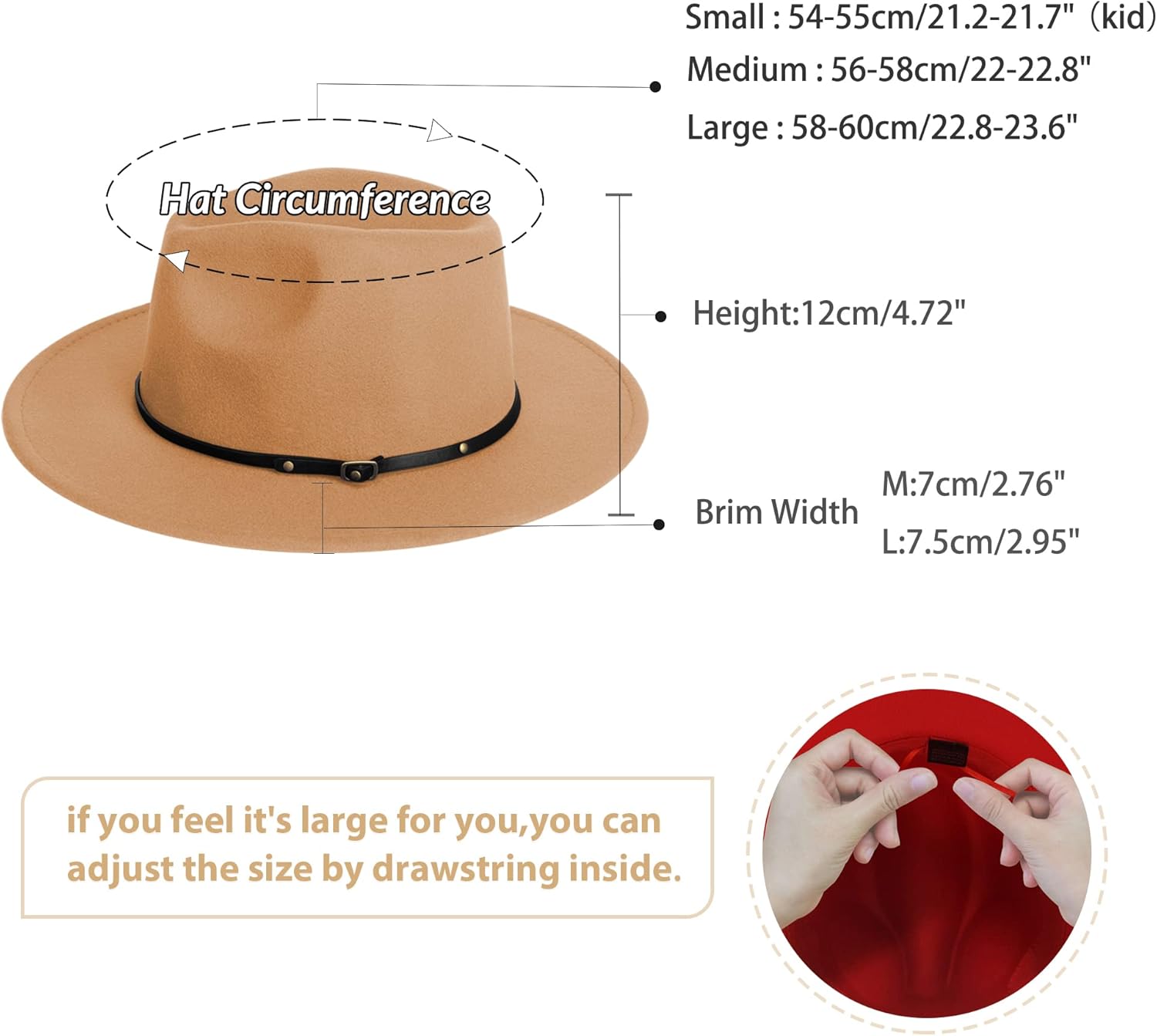 jingsha Fedora Hats for Men & Women Wide Brim Fedora Felt Panama Hat Men's Dress Hats with Belt Buckle - Image 2