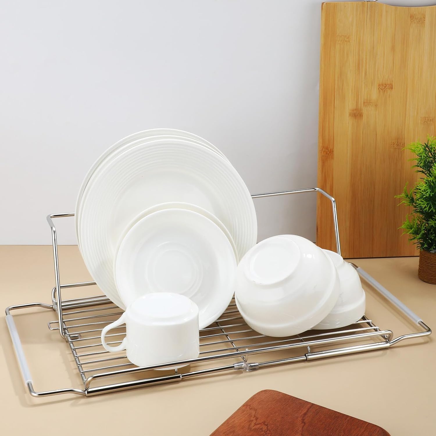 Stainless Steel Kitchen Telescopic Dish Rack Over Sink, Foldable Large-Capacity Drying and Storage Organizer with Cup Hanger, Multipurpose Sink Storage for Home and Restaurant