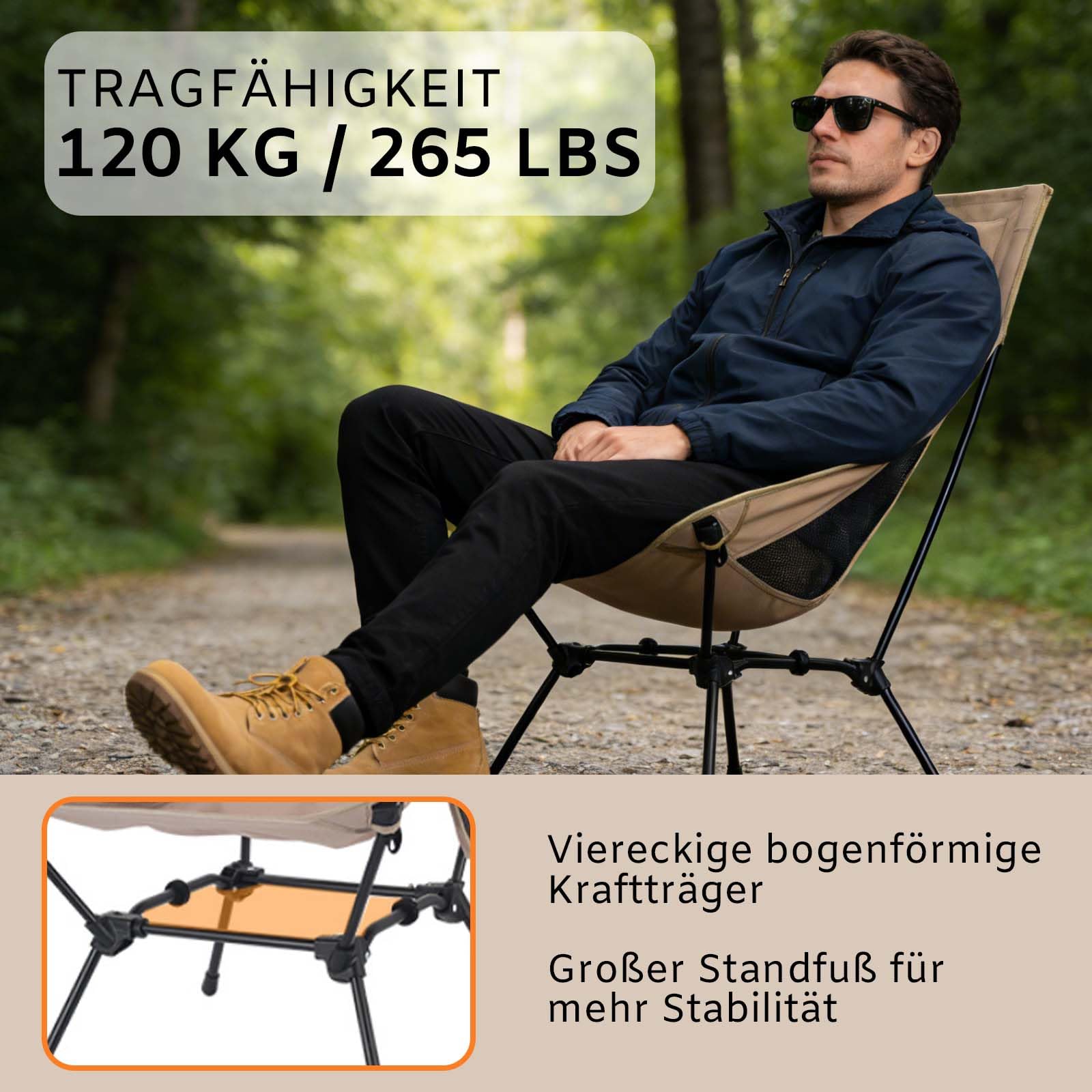 OlyPegic Sedia da campeggio con poggiapiedi quadrati, pieghevole, portata 120 kg, portatile, con tasca laterale, 2 livelli di altezza per campeggio, escursioni, picnic, pesca