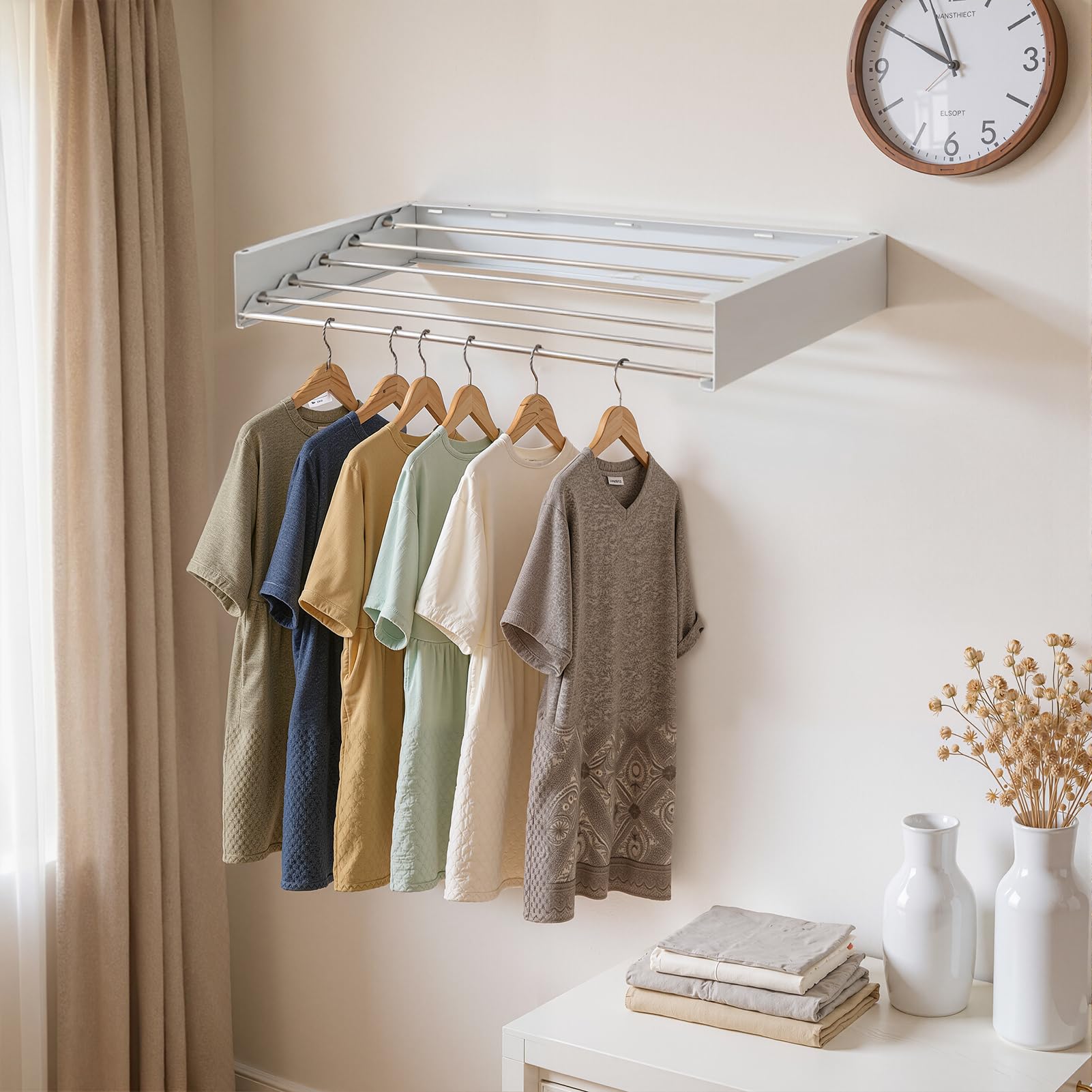 Warmiehomy Wäscheständer Wandmontage,80 cm Wäscheständer Ausziehbar Wand Wäschetrockner mit 5 Aluminiumstangen,Clothes Drying Rack für drinnen und draußen,Tragkraft bis zu 25 kg