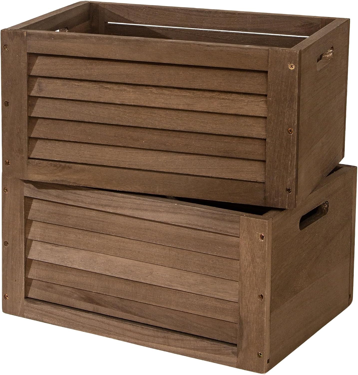 2 Pack Storage Crates with HandleWood Crates, Stackable Solid Wood Organizer Boxes for Home Decor, Kitchen Pantry, Bedroom Toys, Bathroom Towels, Rustic Ventilated Bins in 3 Colors (vintage brown)