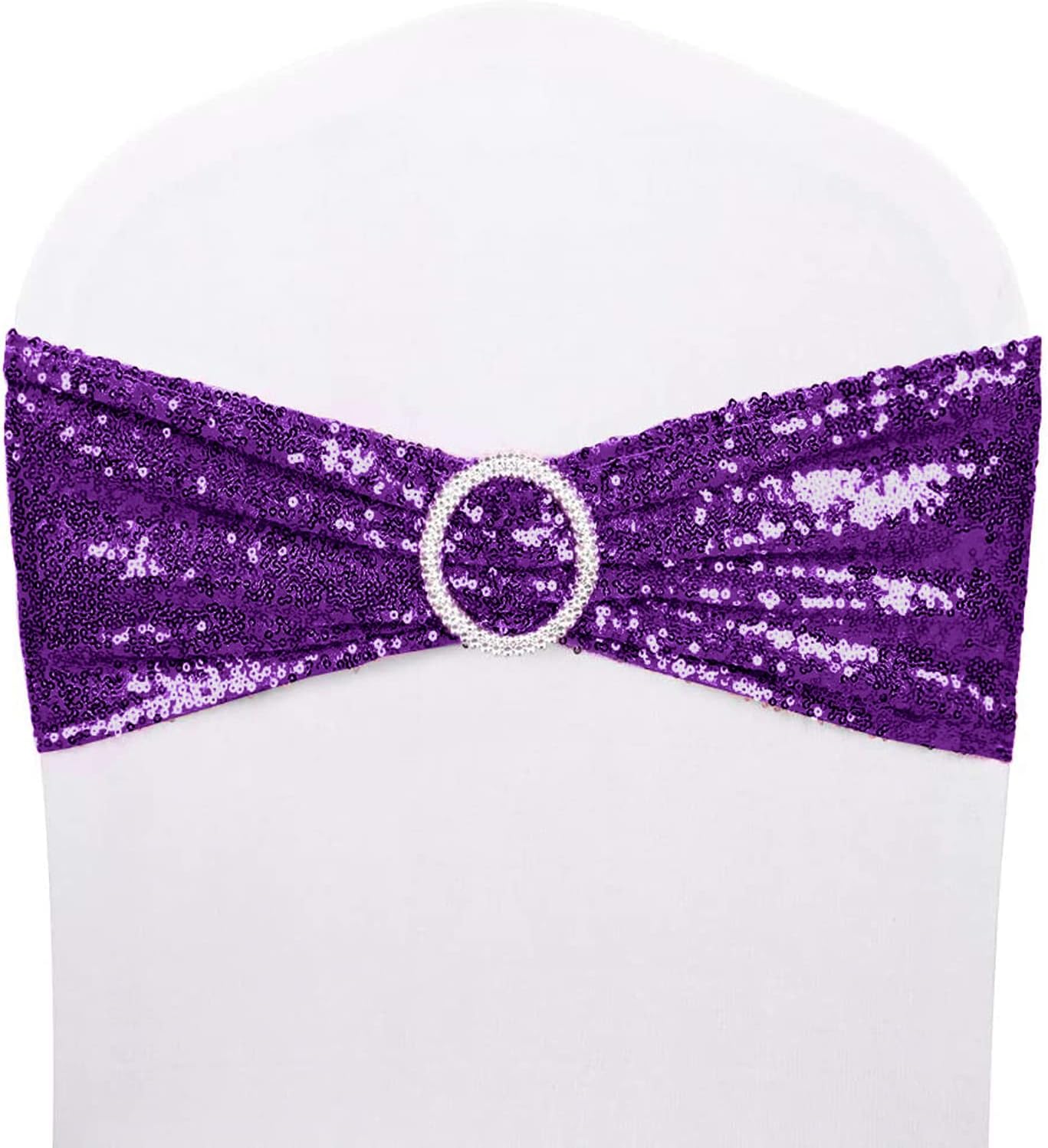 Sequin Chair Sashes with Buckles, Pack of 50 Stretchy Spandex Chair Bands One Side Sequin Bow for Wedding Party Banquet Reception Decoration (Purple) Purple 50