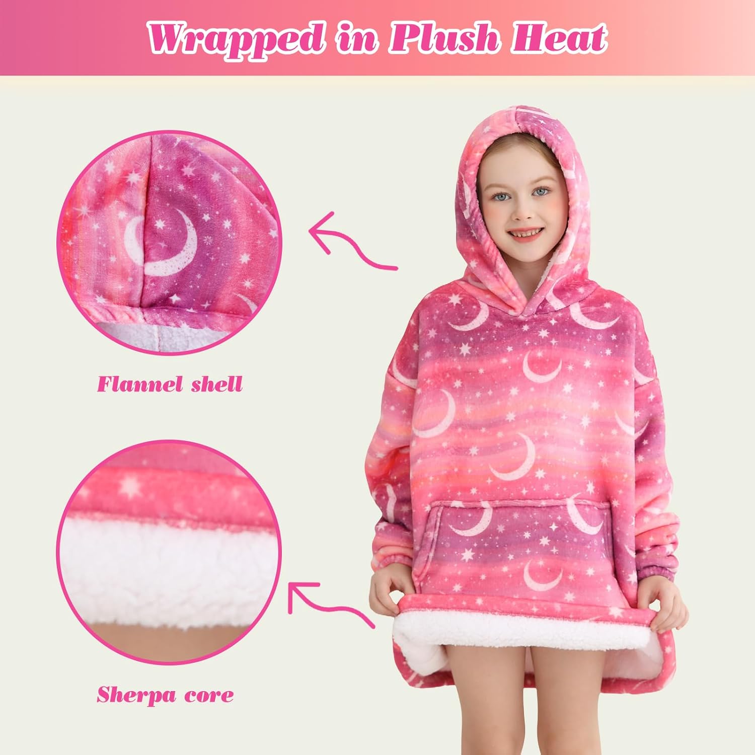 Kids Wearable Blanket, Toddler Sherpa Sweatershirt Hoodie with Front Pocket Comfy Warm Hugs - Image 3