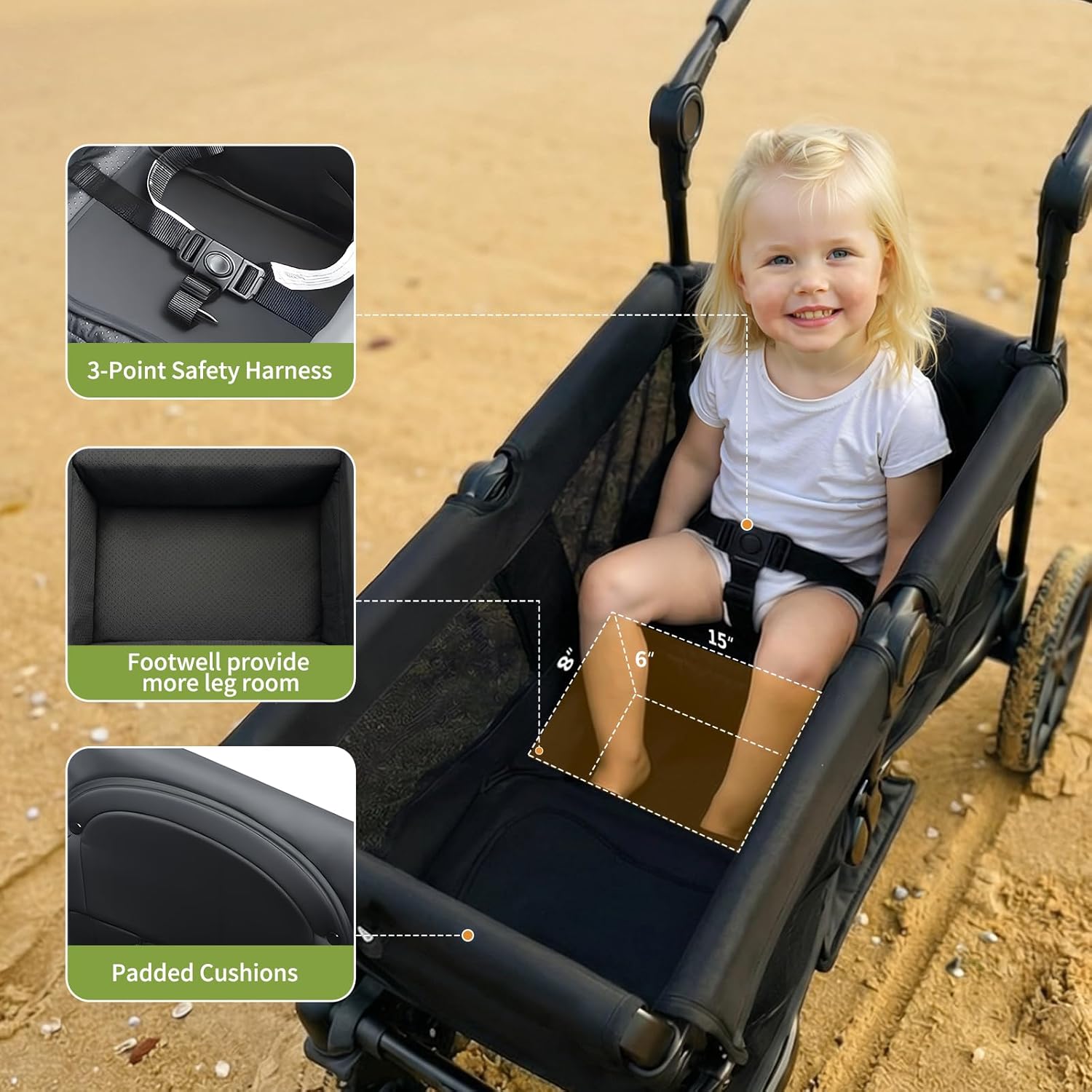 Wagon for Kids, 2-Seater Stroller Wagon with Removable Canopy, All Terrain Tires, Foldable, Adjustable Push & Pull Handle, Storage Bag, Black