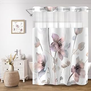No Hook Shower Curtain and Liner Set, Pink Boho Floral 71x74