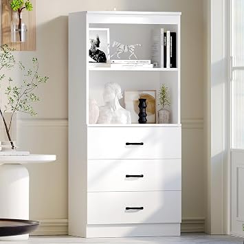 oneinmil 55.5" H 5-Tier Bookshelf with 3 Drawers, White Bookcase with 2-Tier Open Shelves, Tall Book Shelf with Storage Space, Wooden Storage Cabinet for Living Room, Office