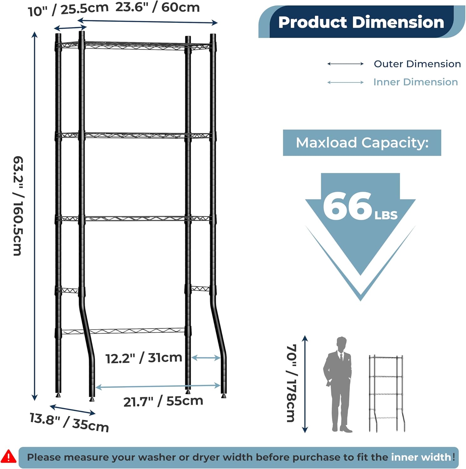 Laundry Room Storage Shelf & Organizer, 3 Tier Over Metal Washer and Dryer Shelves, Washing Machine Shelf, Adjustable Height & Feet, Bathroom Space Saver Shelf, 23.6" L x 13.8" W x 63.2" H, Black