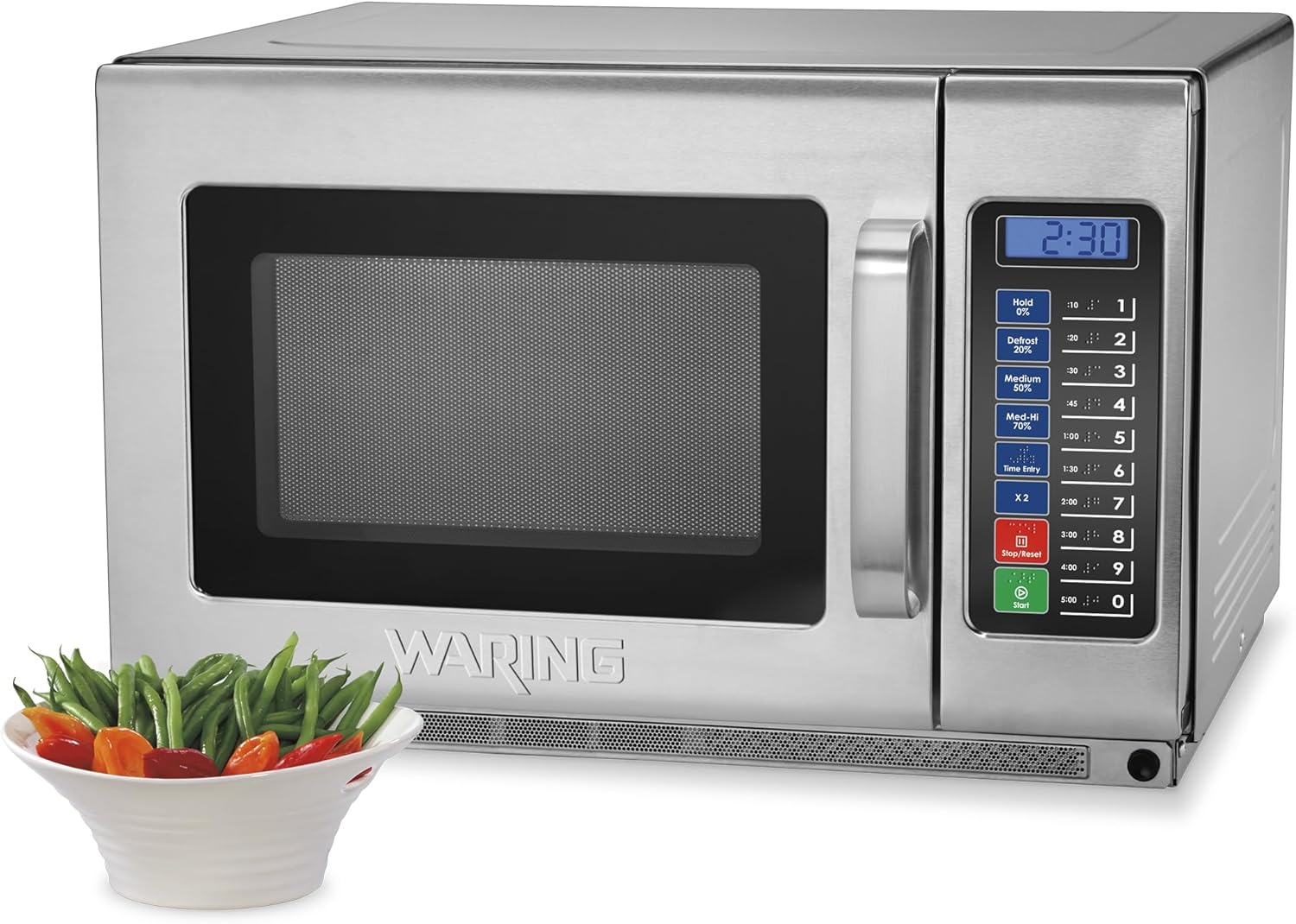 Waring Commercial WMO120 Heavy Duty Microwave Oven, 1.2 Cubic Feet, 10 Programmable Memory Settings, 5 Power Levels, Stainless Steel Construction, 208/230V, 1800W Dual Magnetrons, 6-15 Phase Plug