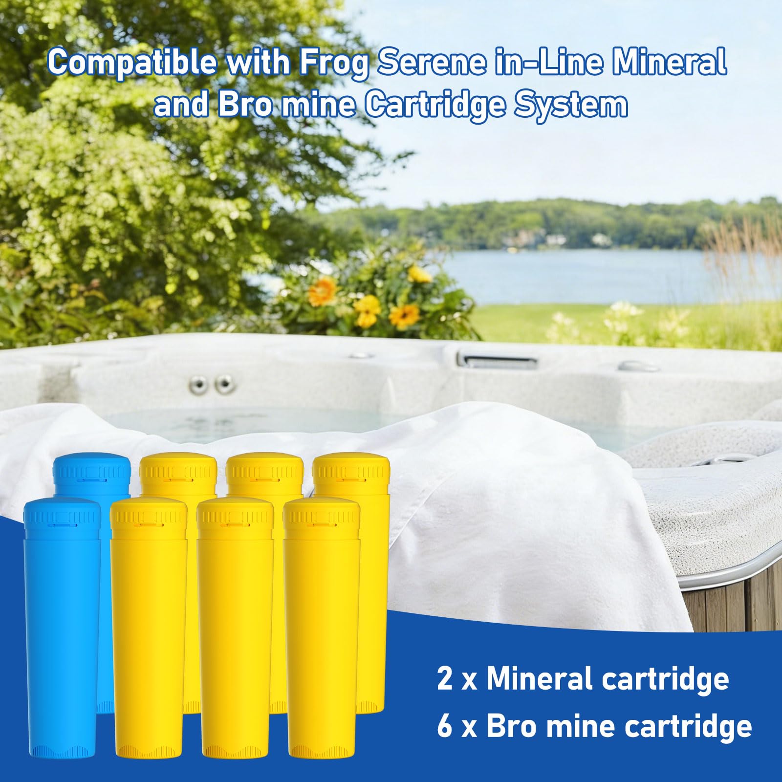 Ersatz-Mineralkartusche + Brom-Kartuschen-Set, kompatibel mit Hot Tub Frog Serene Floating System, 4 Monate, 2 + 6 Stück