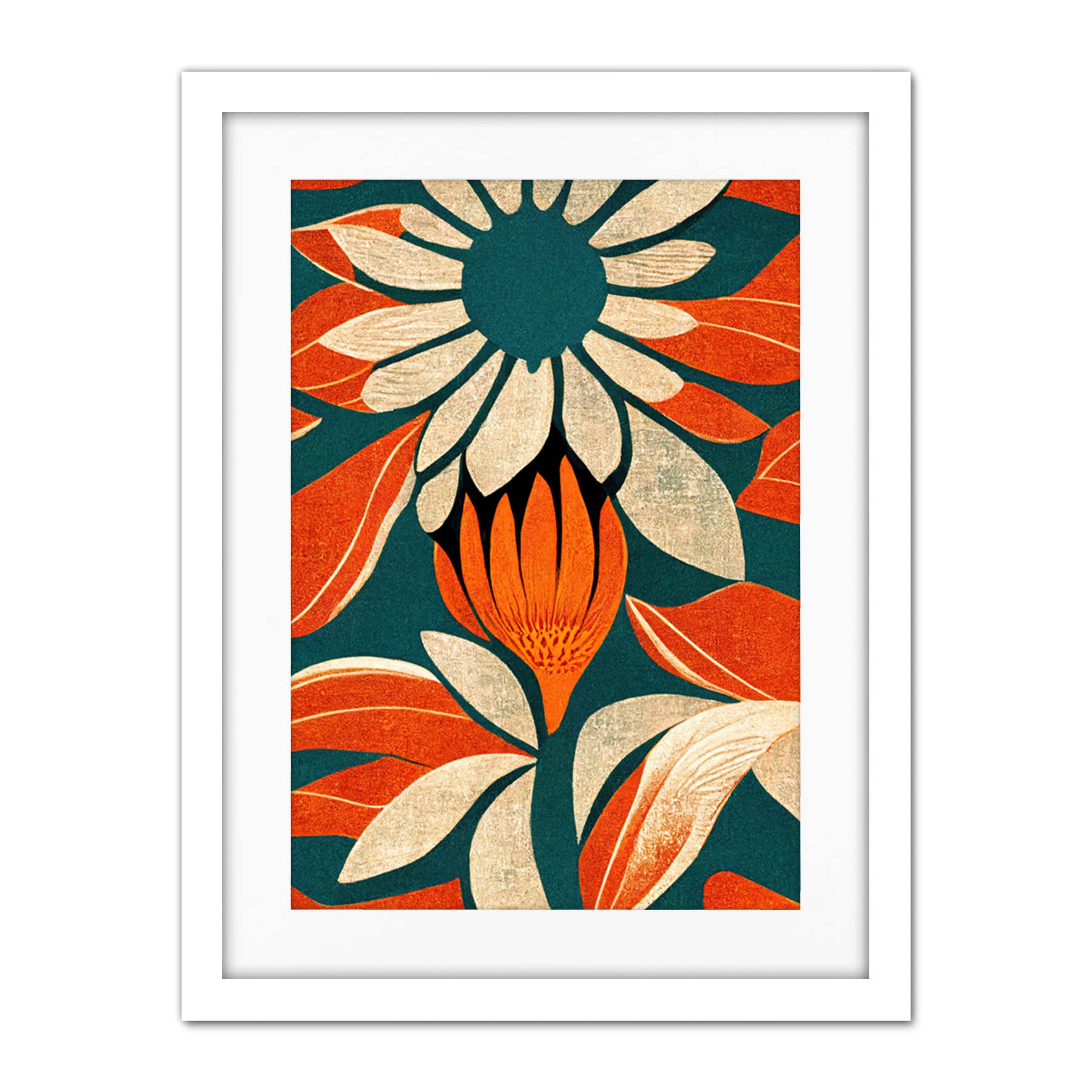 Doppelganger33 LTD Flower Design Teal Orange Abstract Linocut Artwork Framed Wall Art Print 18X24 Inch