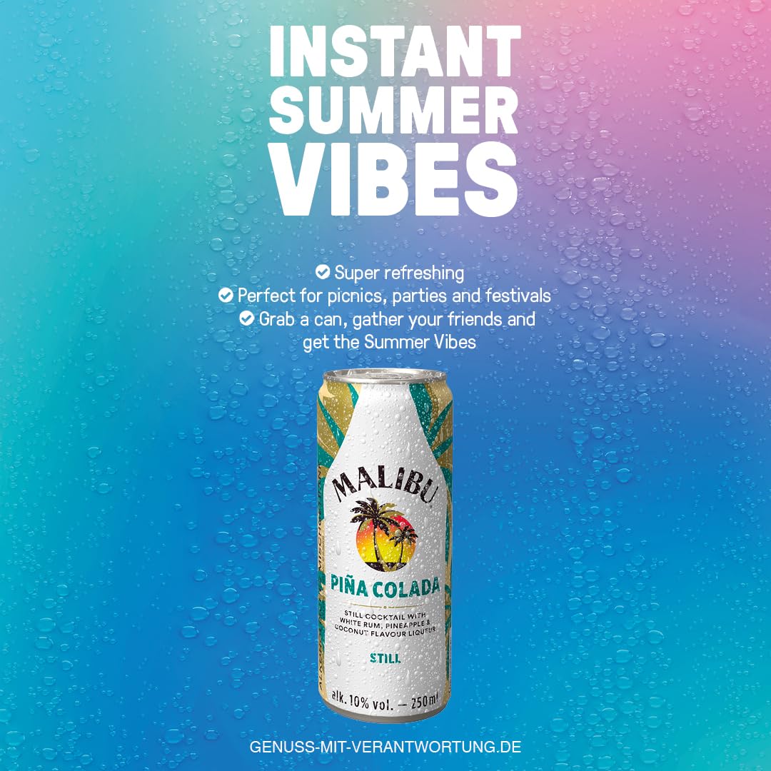 Malibu Piña Colada, fruchtig-frischer Mix aus weißem Rum, Ananas-Geschmack und Kokos-Likör, vorgemischter Cocktail, 12 Dosen à 250 ml, 10 Vol.-%
