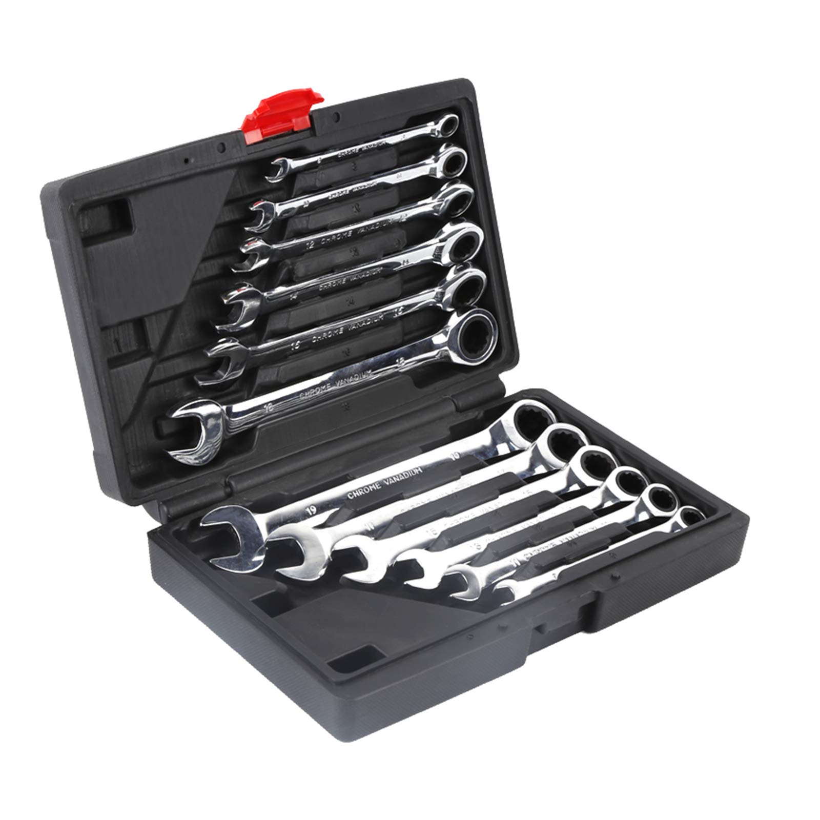 Jeu de 12Pcs Clés Mixtes à Oeil Clés Plate à Cliquet 8mm-19mm Malette