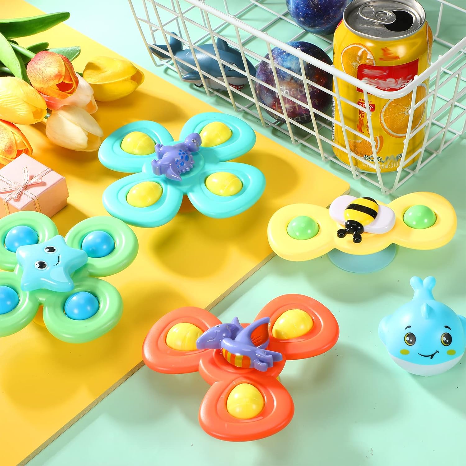 Leitee 9 Pcs Suction Cup Toys Bath Toys Sensory Strong Suction Cup Toys Spinner Dimple Toy Birthday Gifts for Early Education Bathtub Dining Chairs, 3 Styles(Cute Style)