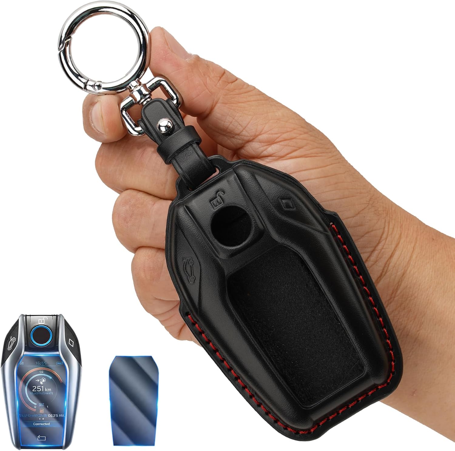 Genuine Leather Key Fob Cover with HydroGel Screen Protector for BMW 5/6/7 Series, X3/X4/X5/X6/X7 i8 Smart Keys