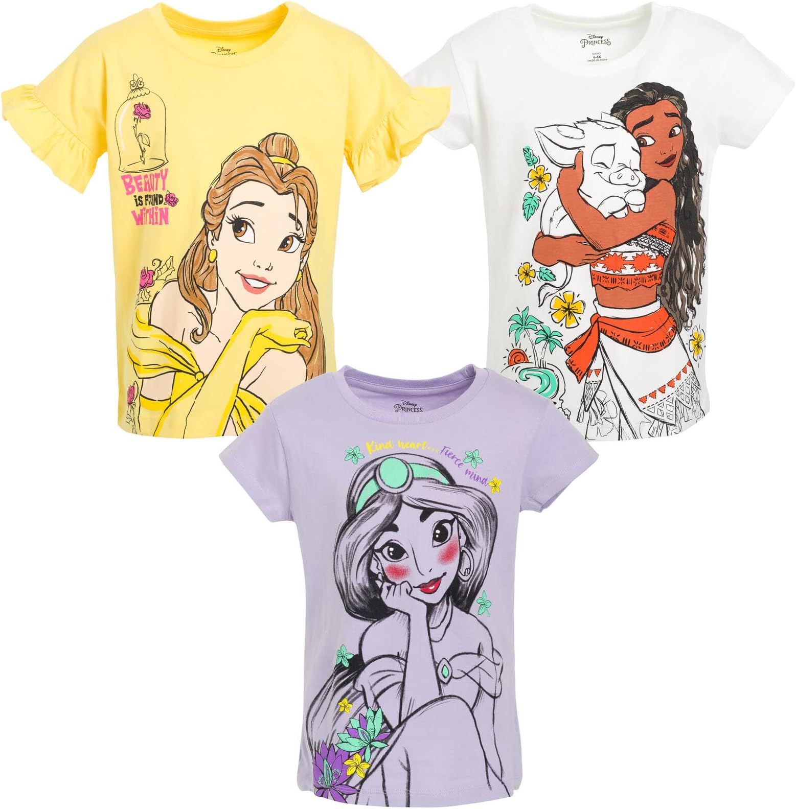 Princess Moana Rapunzel Snow White Encanto Raya Girls 3 Pack Crossover T-Shirts Toddler to Big Kid