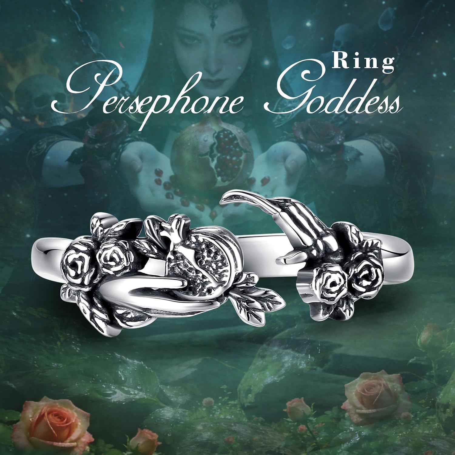 EUDORA Persephone Greek Goddess Rings for Women S925 Sterling Silver, Vintage Persephone Greek Goddess of The Spring and Underworld Vegetation Adjustable Open Ring Jewelry Gifts for Women