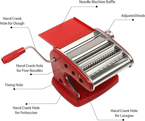 Miniatura 3 de Máquina para hacer pasta, hecho en casa de acero inoxidable manual con 6 ajustes de grosor ajustables, cortador de fideos resistente para