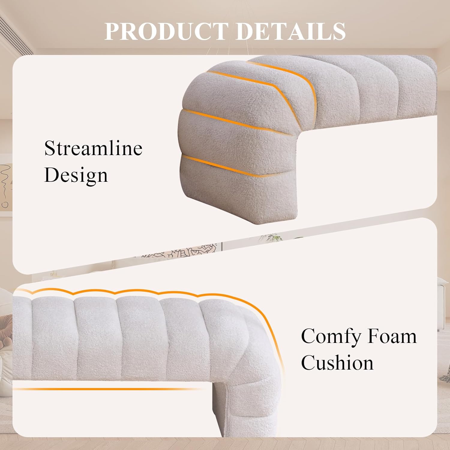 NIOIIKIT 69.7" Ottoman Bench, Teddy Upholstered Queen Size End of Bed Bench, Channel Tufted Entryway Bench with Cushion, Long Bedroom Bench, Window Bench Seat for Entryway, Living Room (Ivory)