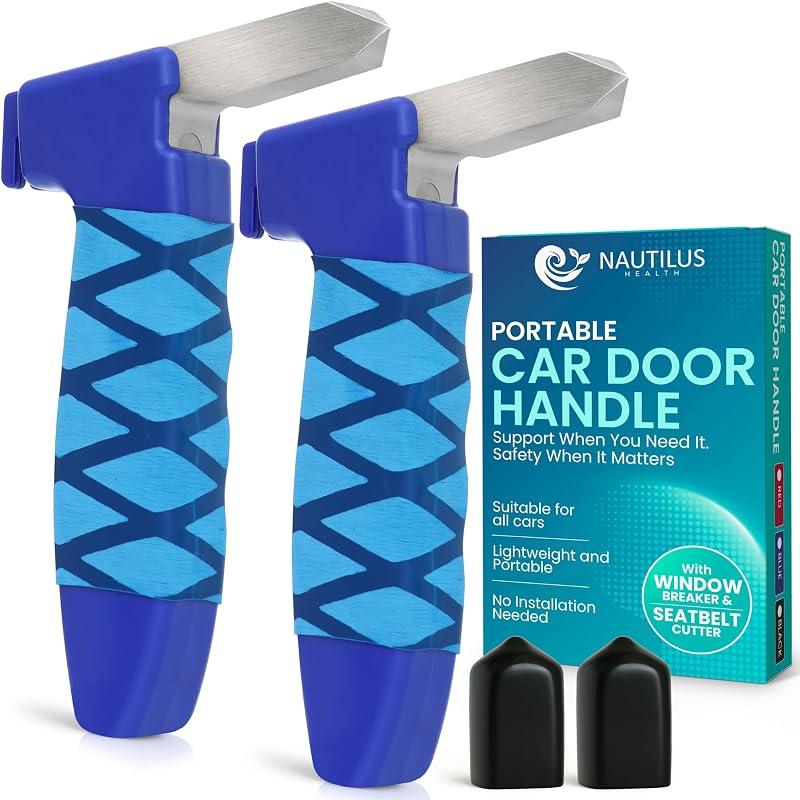Alça de apoio para saída do carro Nautilus Health com cortador de cinto e quebra-vidro – Kit com 2, azul