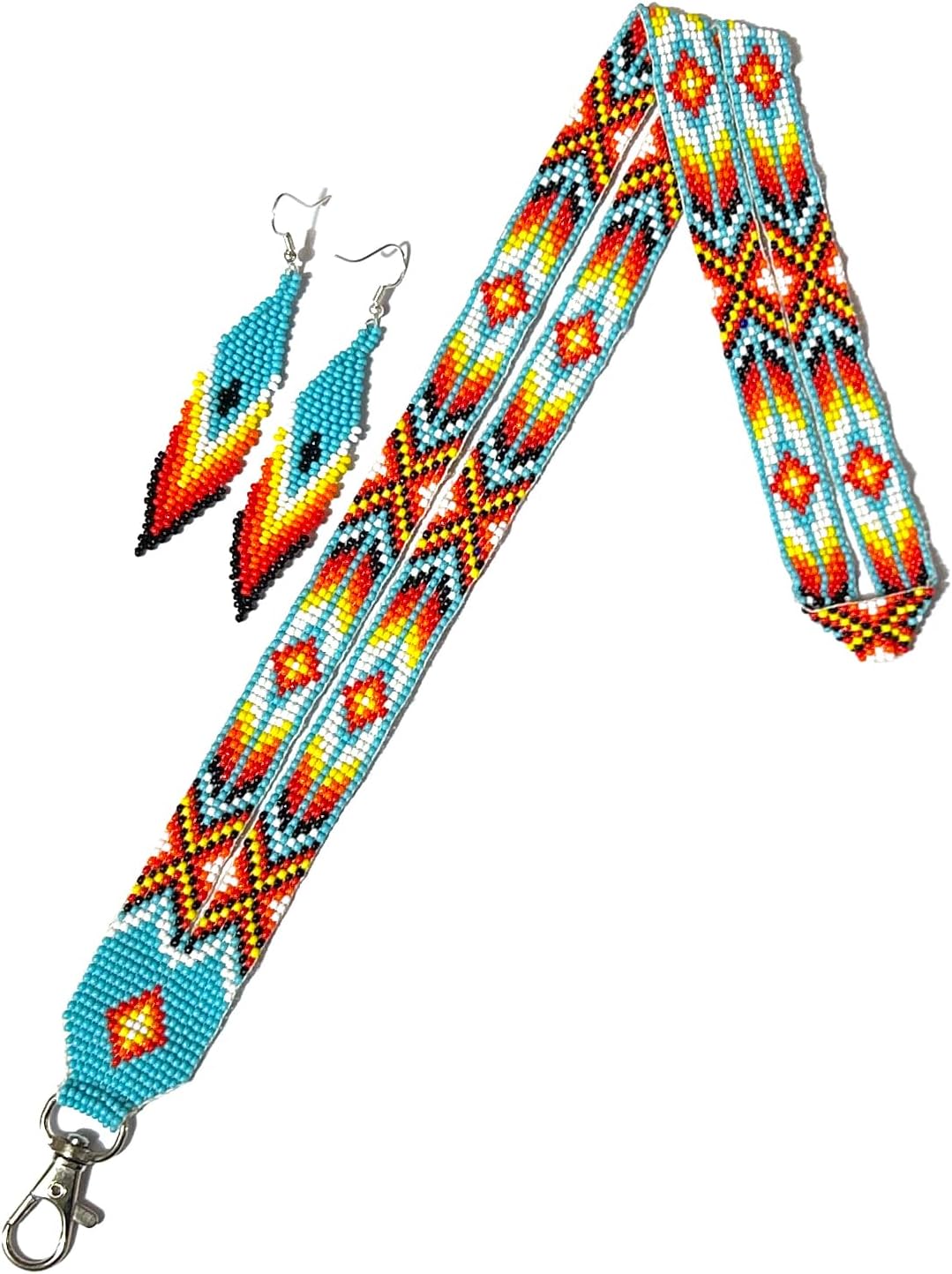 beaded lanyard with matching Earrings,Native American style Lanyard, beaded badge holder,ID card holder(ID-456) (Muliticolors)
