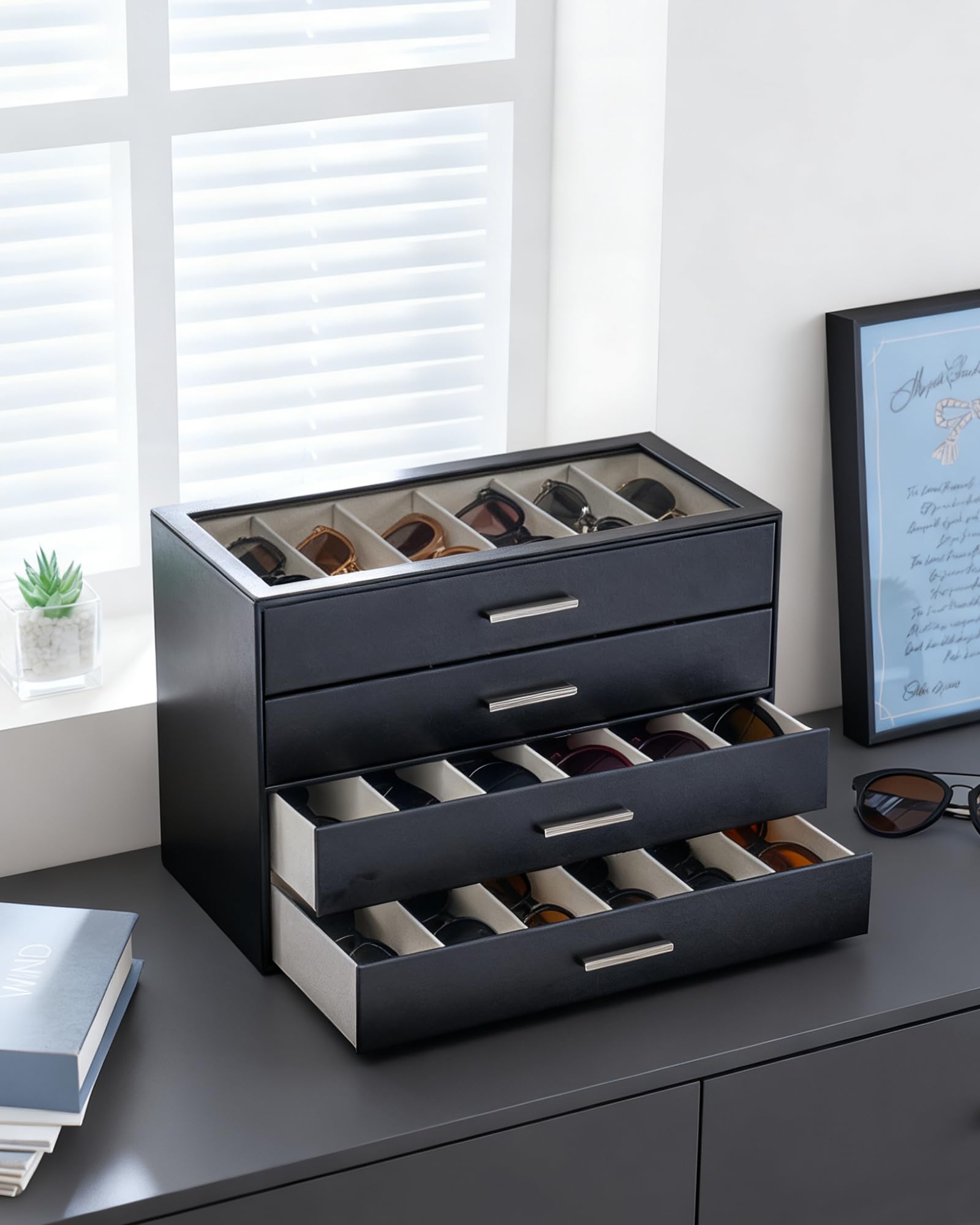 Lolalet Occhiali da sole Organizzatore, scatola da occhiali da sole con coperchio di vetro trasparente Display Case Storage Holder