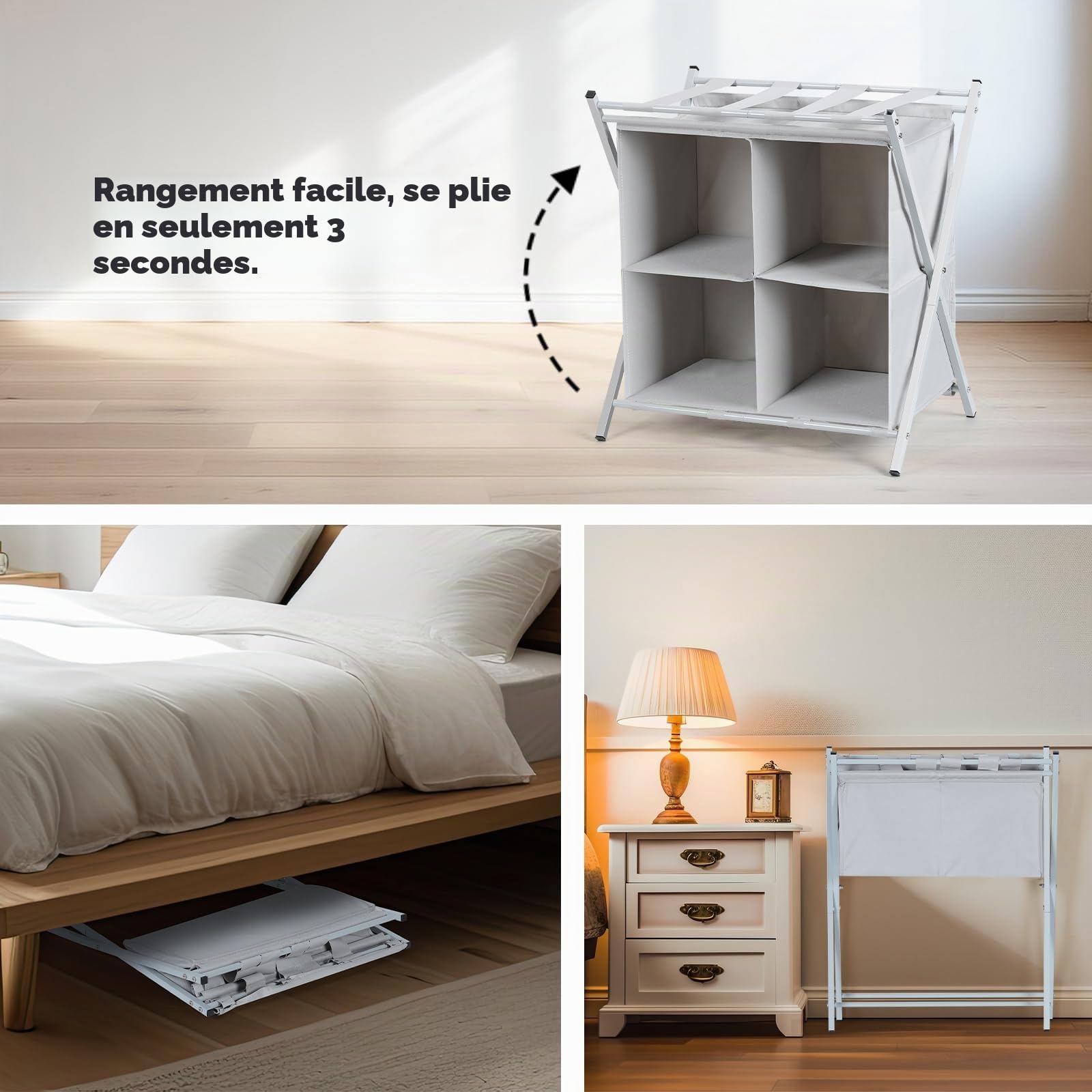 Nandae Porte-valises Pliable avec 4 Compartiments - Rangement pour Valises, Chaussures et Vêtements en Métal et Nylon, pour Chambre et Dressing, Gain de Place