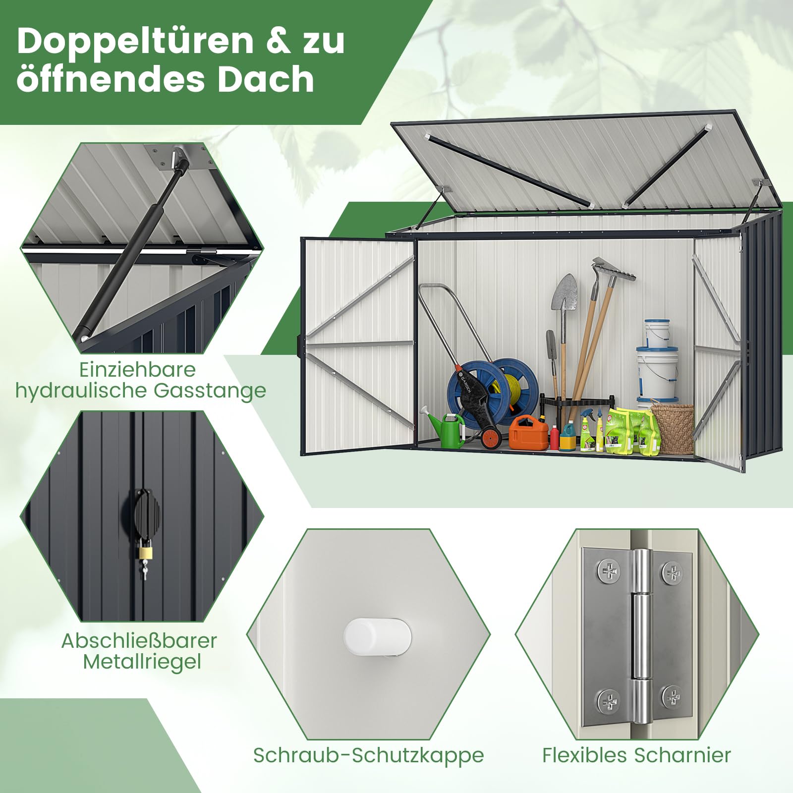 COSTWAY Mülltonnenbox für 2 x 120 L Mülltonnen, wetterfester Gartenschuppen mit abschließbarer Tür, Outdoor Geräteschuppen aus Metall, Gerätehaus für Fahrrad, Werkzeug