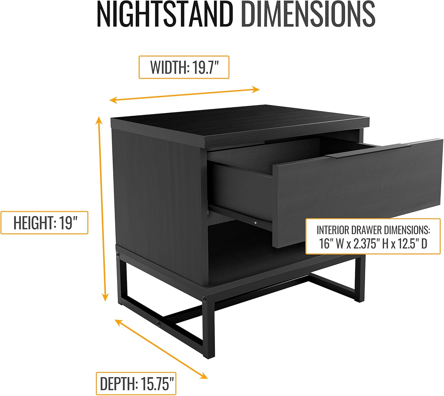 Boyd Sleep Catania One Drawer Nightstand with Open Storage Shelf: Modern Bedroom Storage Side Table, Black