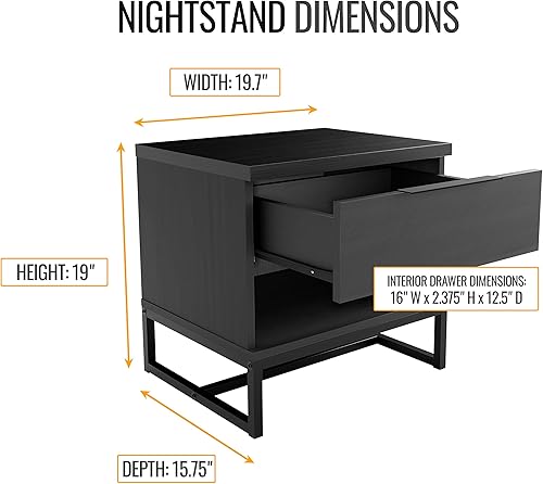Miniatura 2 de Boyd Sleep Catania Mesita de noche con un cajón con estante de almacenamiento abierto: mesa auxiliar moderna para dormitorio, color negro