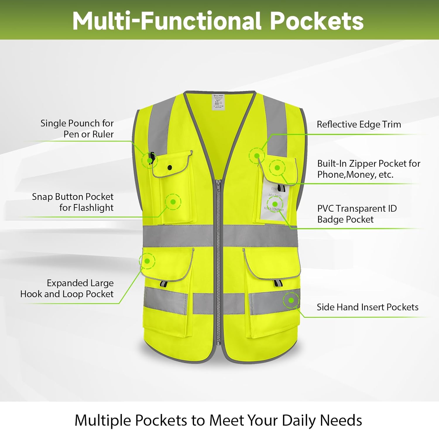 9 Pockets Full Zip Safety Vest, Class 2 High Visibility Work Vest for Construction, Utility Workers, Meets ANSI/ISEA Standard, Yellow, Large - Image 3
