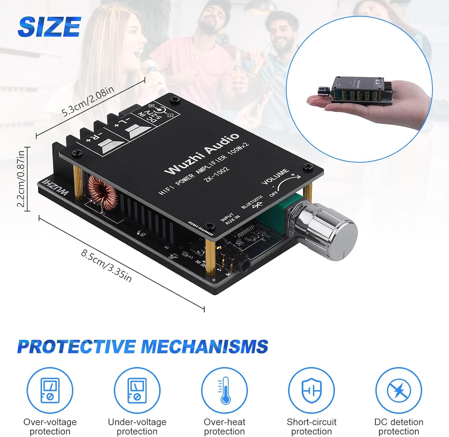 Image showing the compact size of the ZK-1002 amplifier board and icons representing its protective mechanisms.