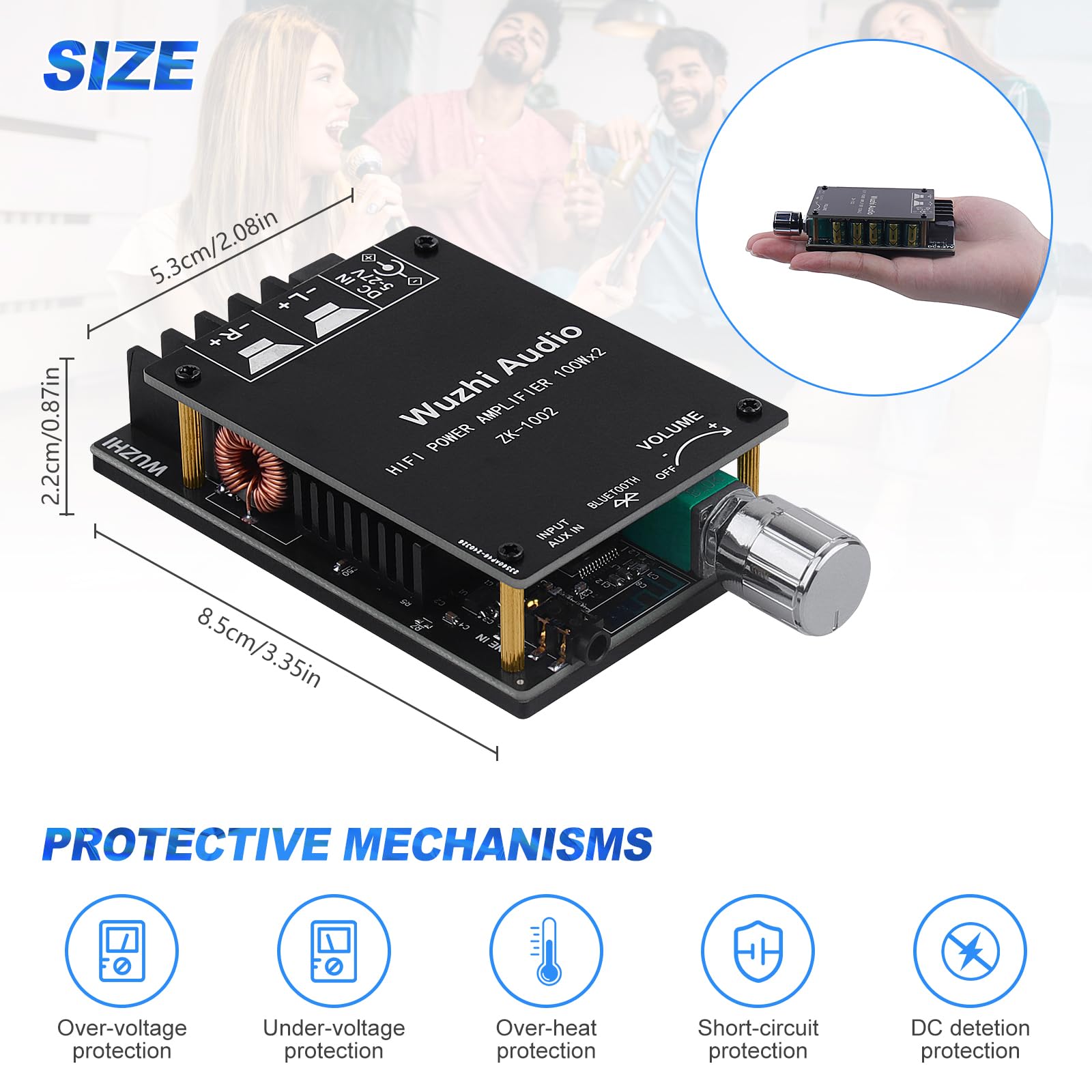 ZK-1002 - Placa amplificadora Bluetooth 5.0 de 100 W x 2 subwoofer de alta fidelidad, amplificador de potencia de audio con control de volumen, entradas BT y AUX, DC 5-27V 2.0 CH módulo de