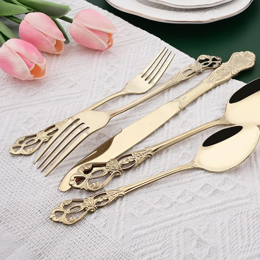 Champagne Gold Flatware Set For 4, 20 Pieces 18/0 Stainless Steel Silverware Set, Cutlery Utensils Set Include Knives/Forks/Spoons, Antique Baroque Style & Luxury Mirror Polished