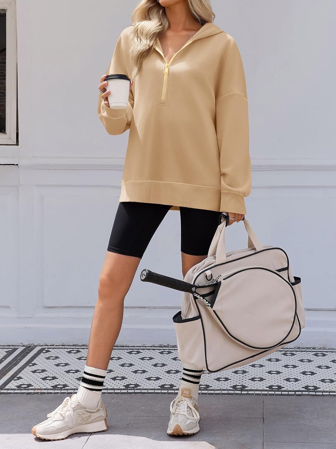 Fisoew Womens Half Zip Hoodies Casual Long Sleeve Contrast Stitch Loose Fall Sweatshirts Pullover Tops Light Khaki - Image 5