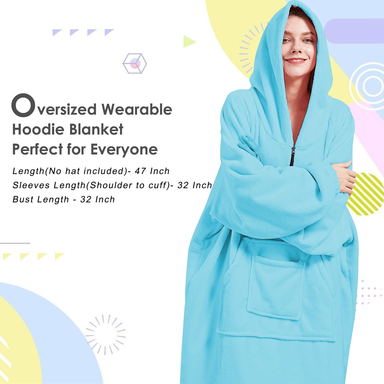 Genfien Oversized Hoodie Sweatshirt Blanket Super Soft Warm Comfortable Blanket Hoodie One Size Fits Women Girls Men Boys Friends Pale Blue - Image 2