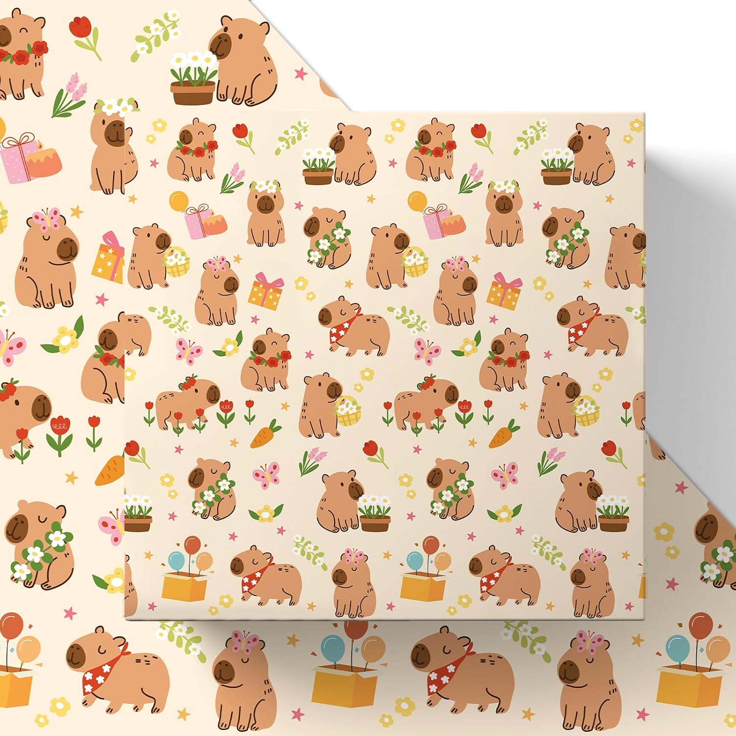 Liobelon Cute Cartoon Capybara Wrapping Paper for Animal Lover 17'' x 16.5' image 2