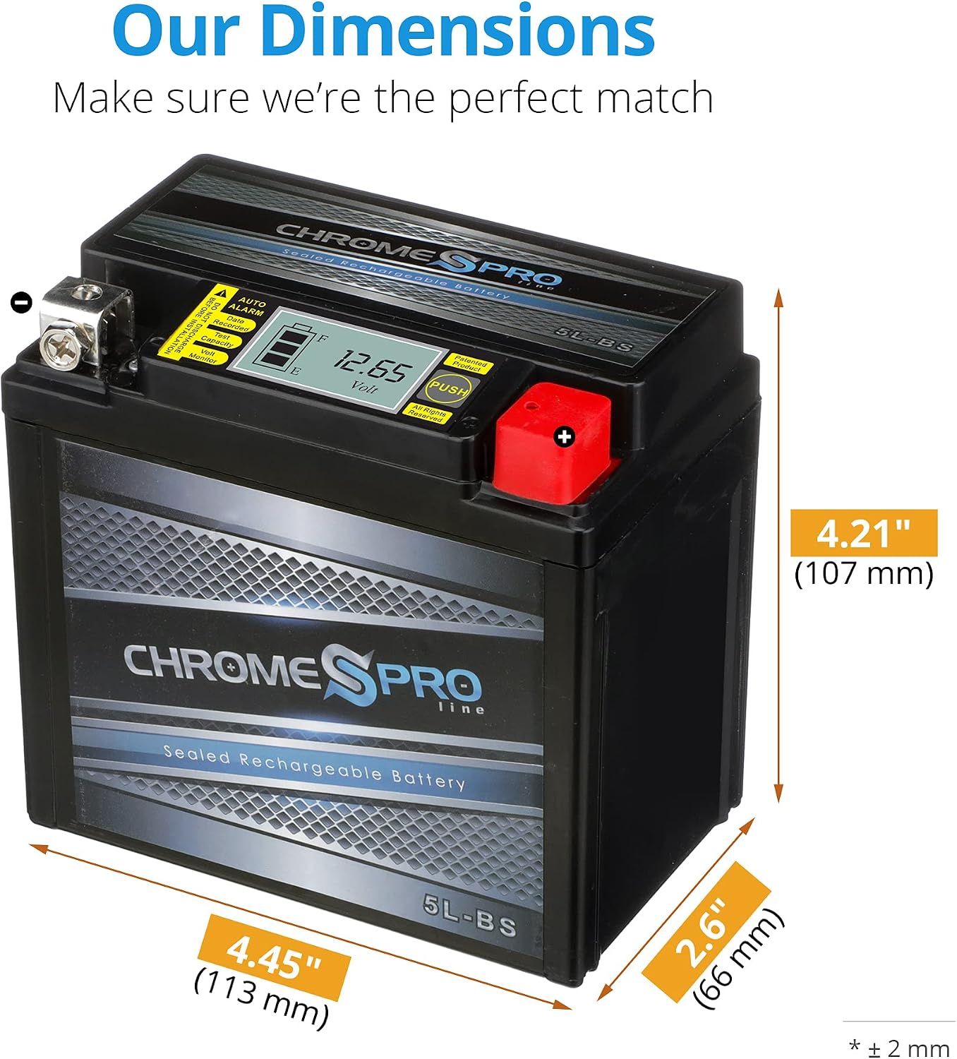 Chrome Pro YTX5L-BS iGel Maintenance Free Replacement Battery with Digital Display for ATV, Motorcycle, and Scooter: 12 Volts, 5 Amps, 4Ah, Nut and Bolt (T3) Terminal