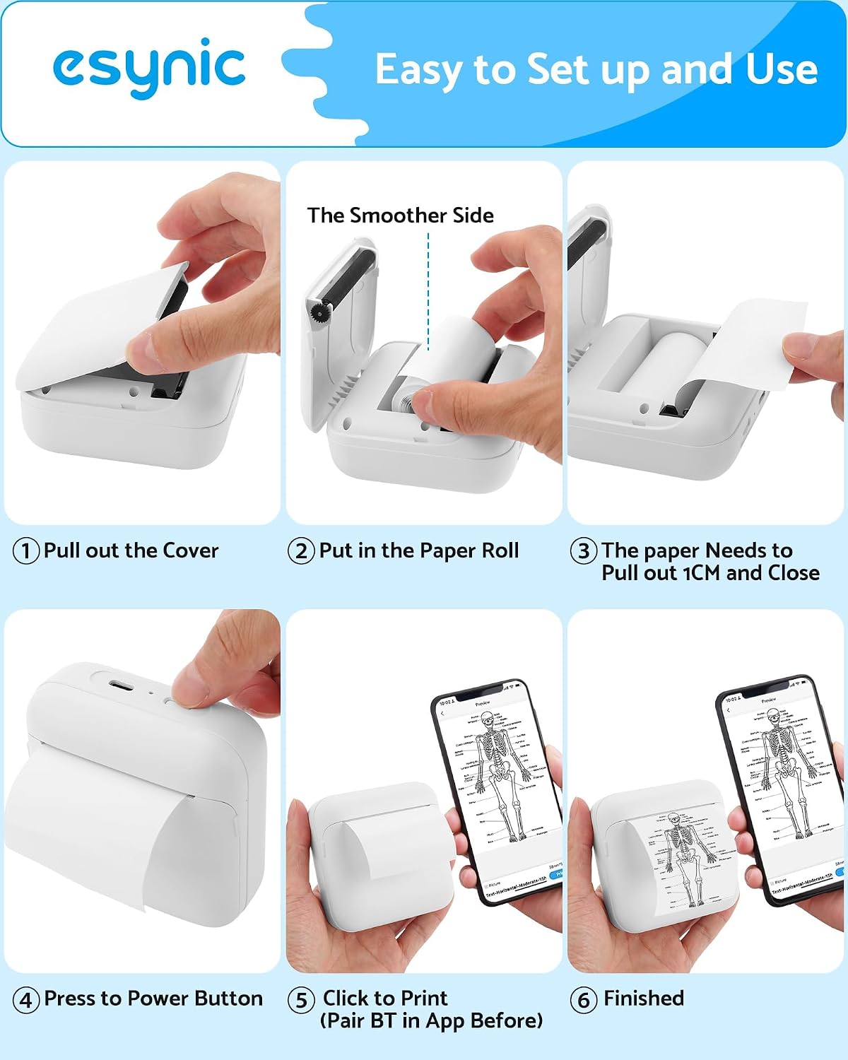 eSynic Portable Mini Sticker Printer-1200mAh Rechargeable Battery-Bluetooth Mini Printer-Lnkless Printing-Easy to Setup-5 Roll Adhesive & 5 Thermal Paper-6*Color Pen-for DIY/Photos/Study Notes