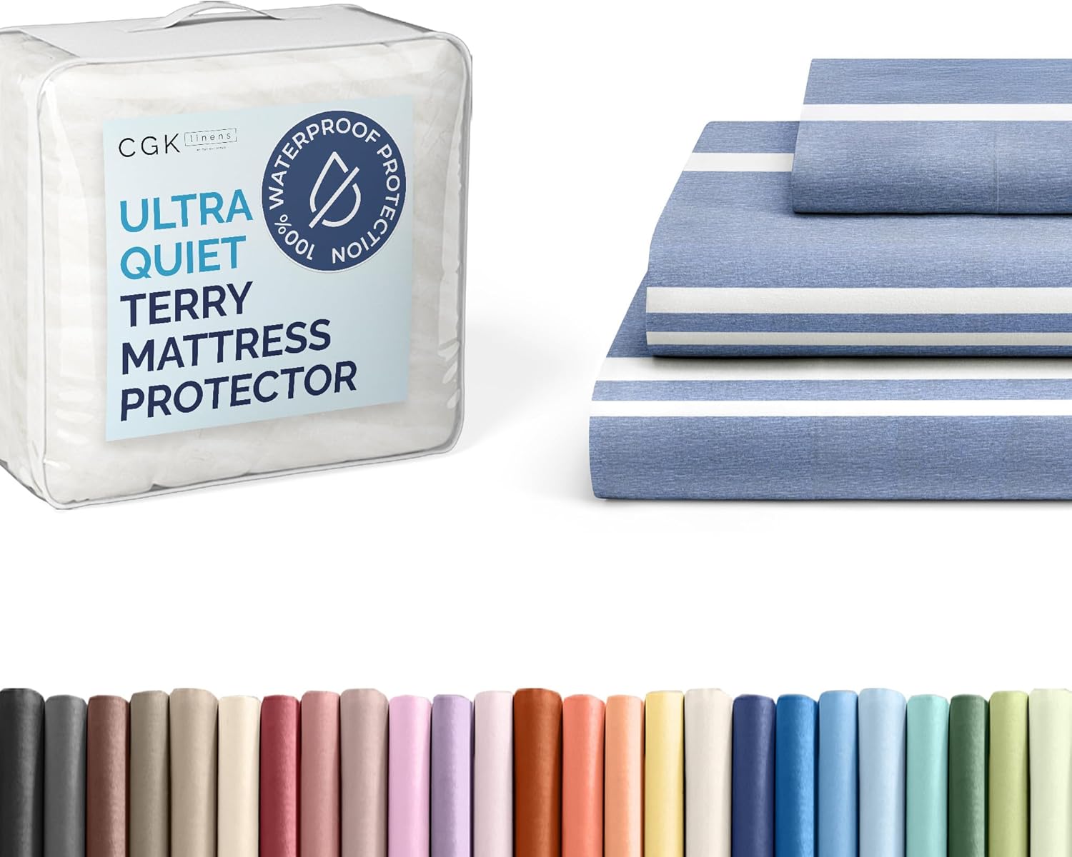 CGK Unlimited Twin XL Size 3 Piece Blue Stripes 3 Sheet Set + Twin XL Size Terry Mattress ProtectorSheet Set + Mattress Protector