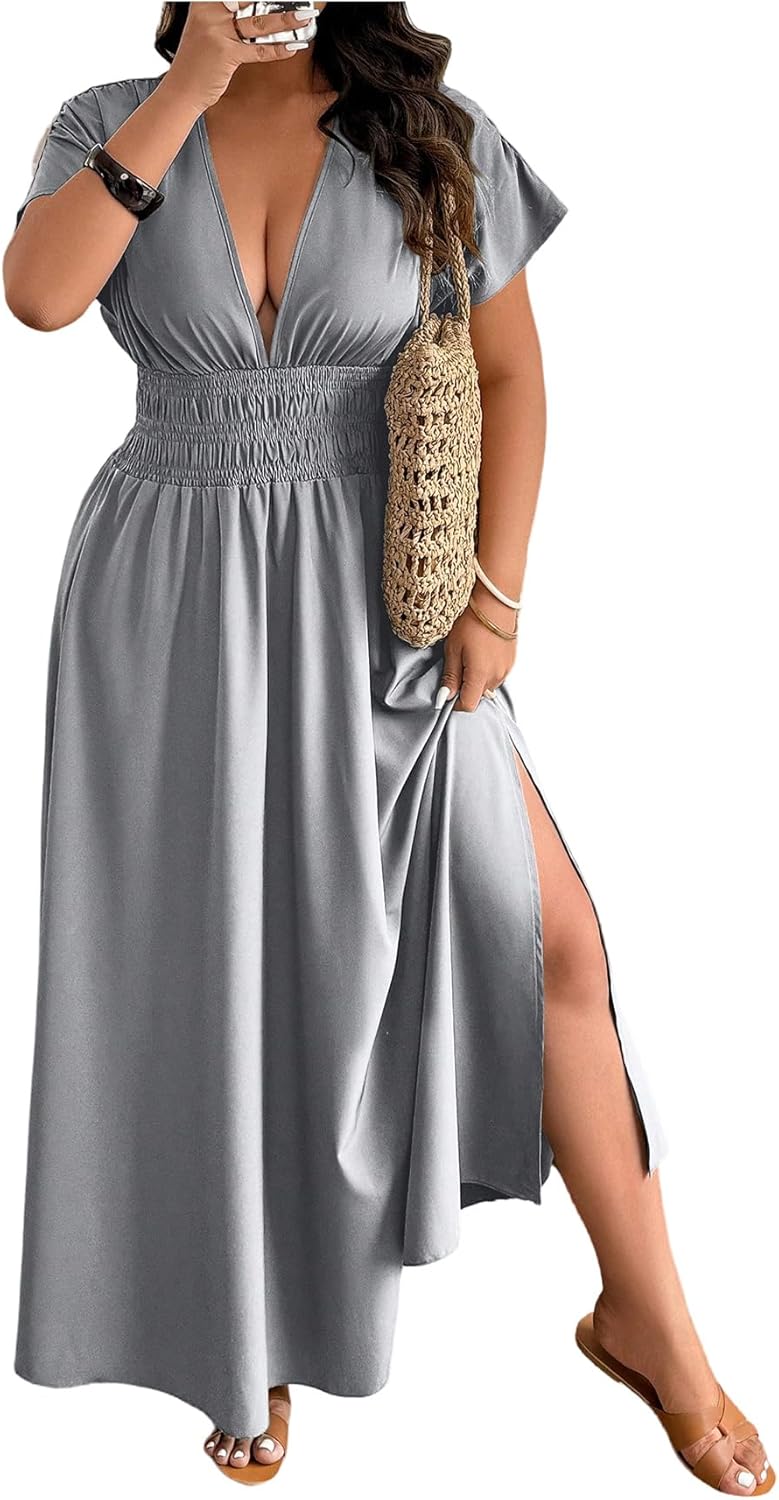SOLY HUX Women's Plus Size Deep V Neck Maxi Dress Short Sleeve Split Hem Flowy Summer Dresses