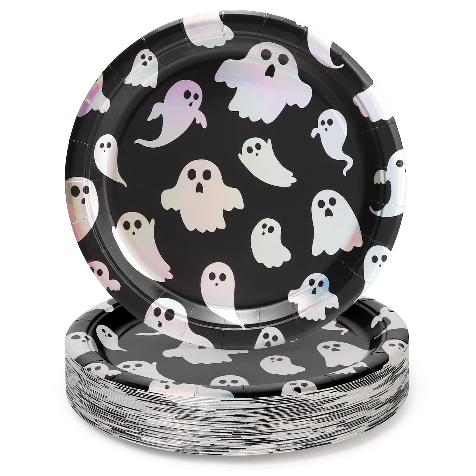 PARTY GO Halloween Paper Plates 9"50PCS Foil Ghost Black Halloween Supplies