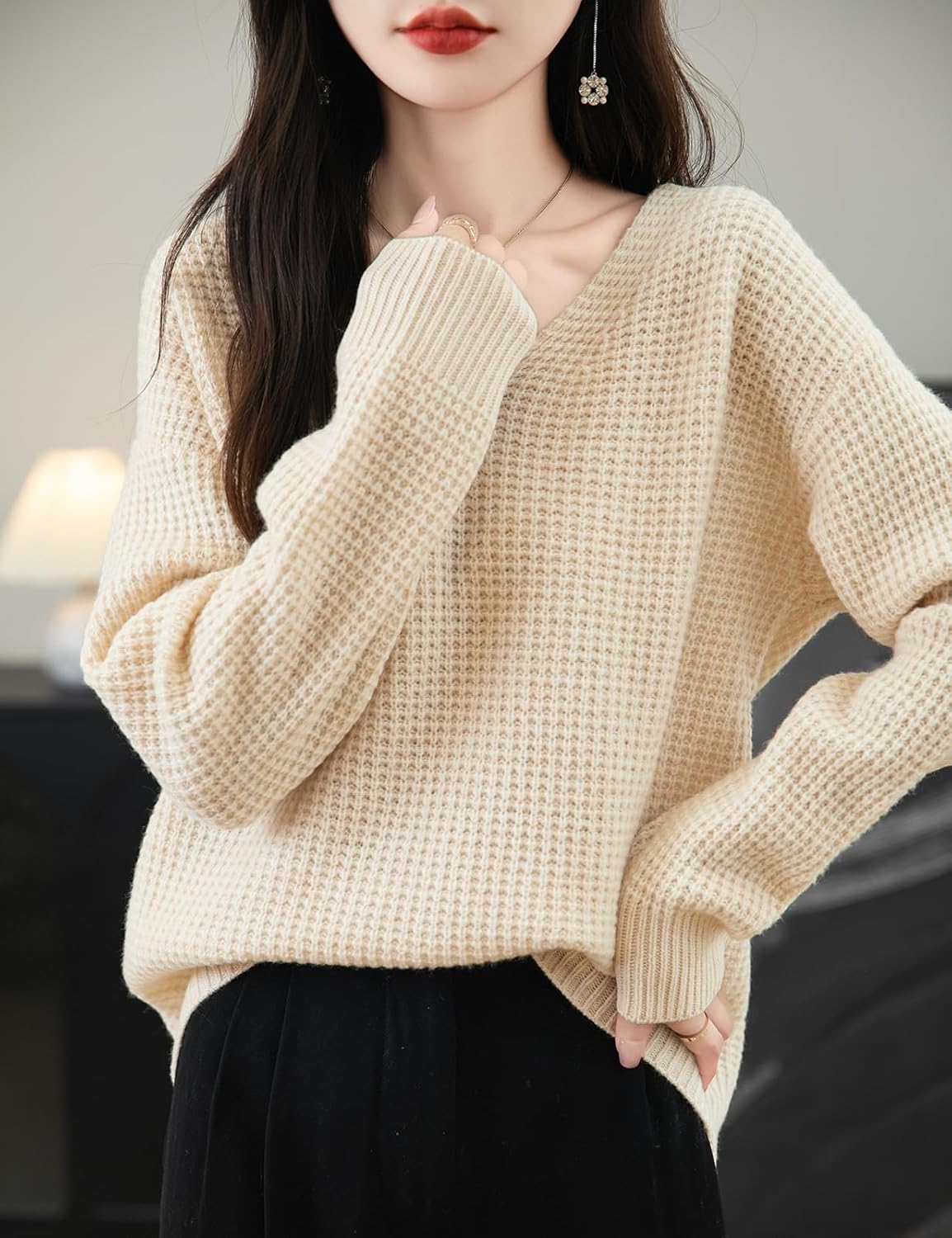 Chanyarn Women's 100% Merino Wool Sweater 2025 Fall Winter Casual V Neck Long Sleeve Waffles Knit Sweater Pullover - Image 3
