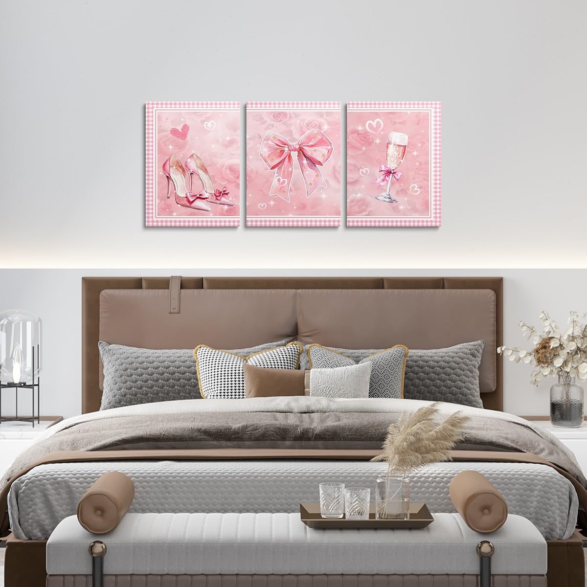 Erosebridal Pink Ribbon Bow Canvas Wall Art Set of 3,Pink Rose Floral Pictures Wall Decor for Girls Kids Women Bedroom,Coquette Bow Knot Bows Poster Prints,Wine Glass High Heel Artwork Posters