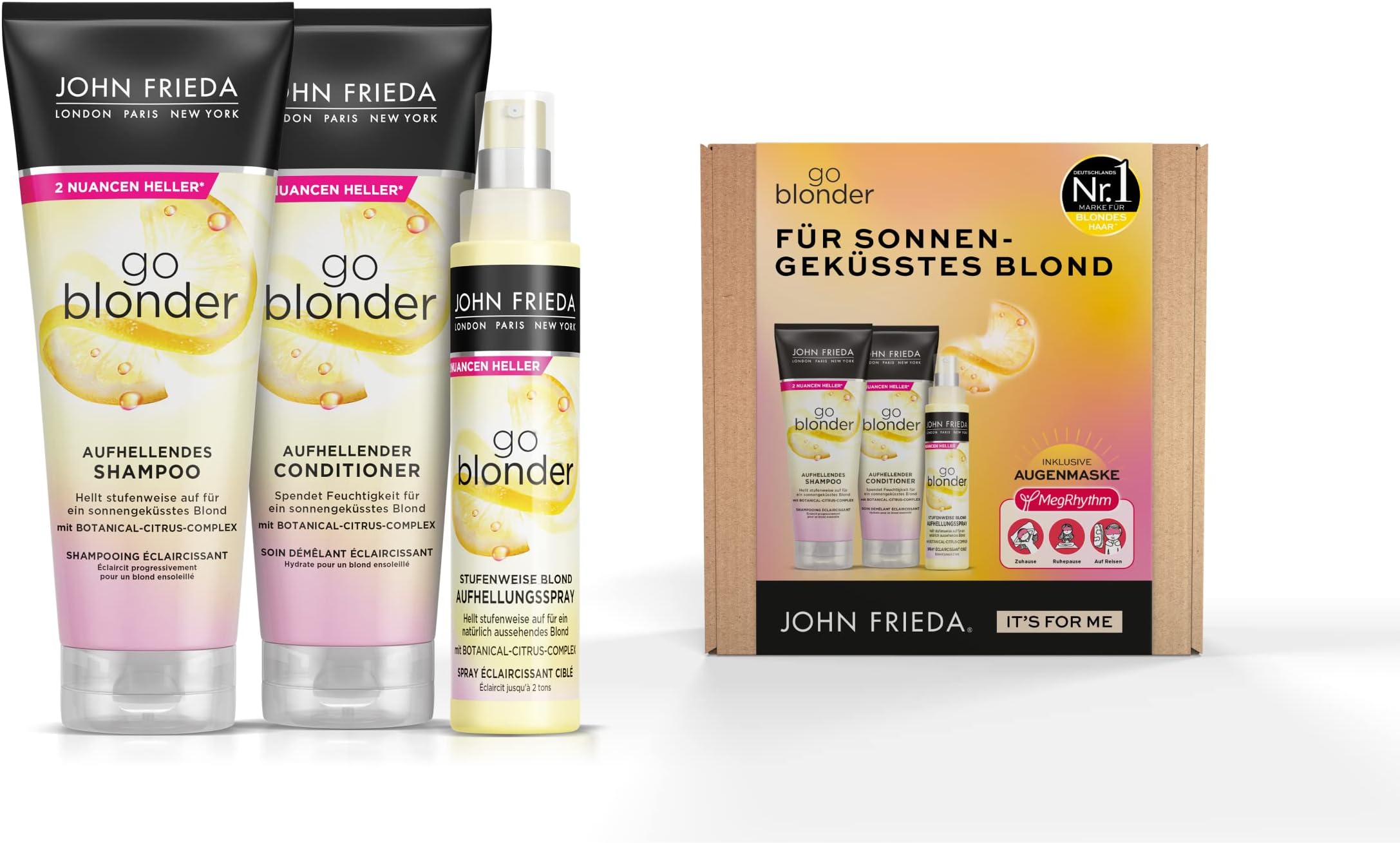 John Frieda Go Blonder Value Set for Blonde Hair - Shampoo, Conditioner, Lightening Spray & Free MegRhythm Eye Mask - Brightens Gradually - Also for Colour-Treated Hair