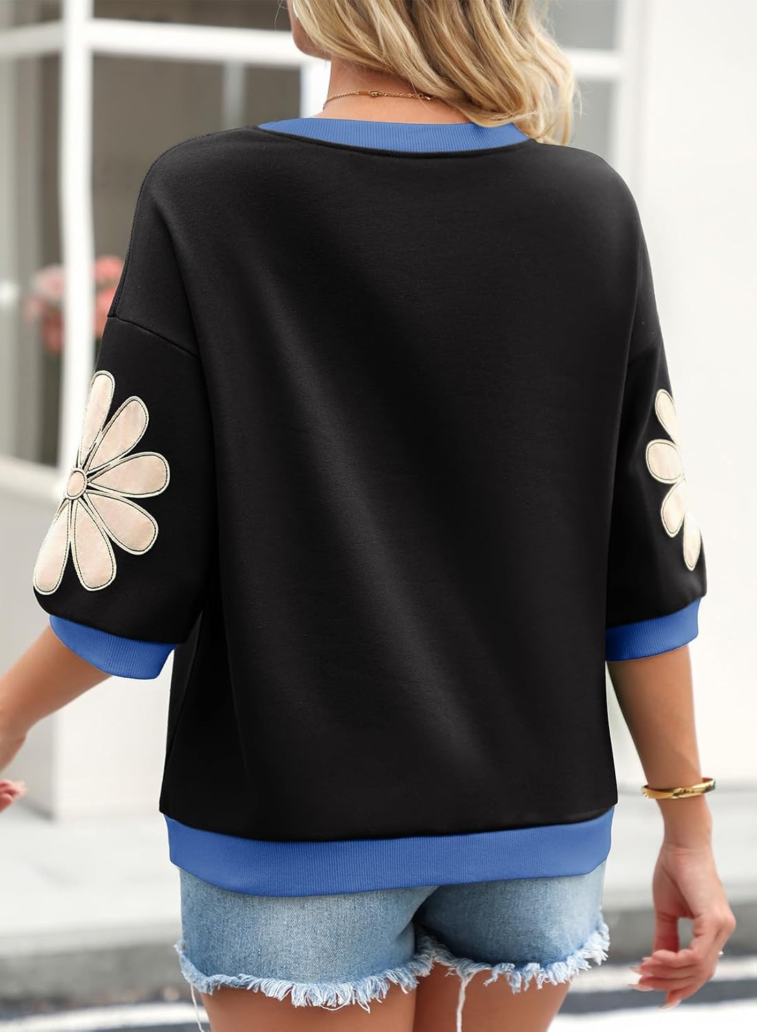 Dokotoo Women's Oversized 3/4 Sleeve Sweatshirt Floral Patch Crewneck Pullover Casual Tops