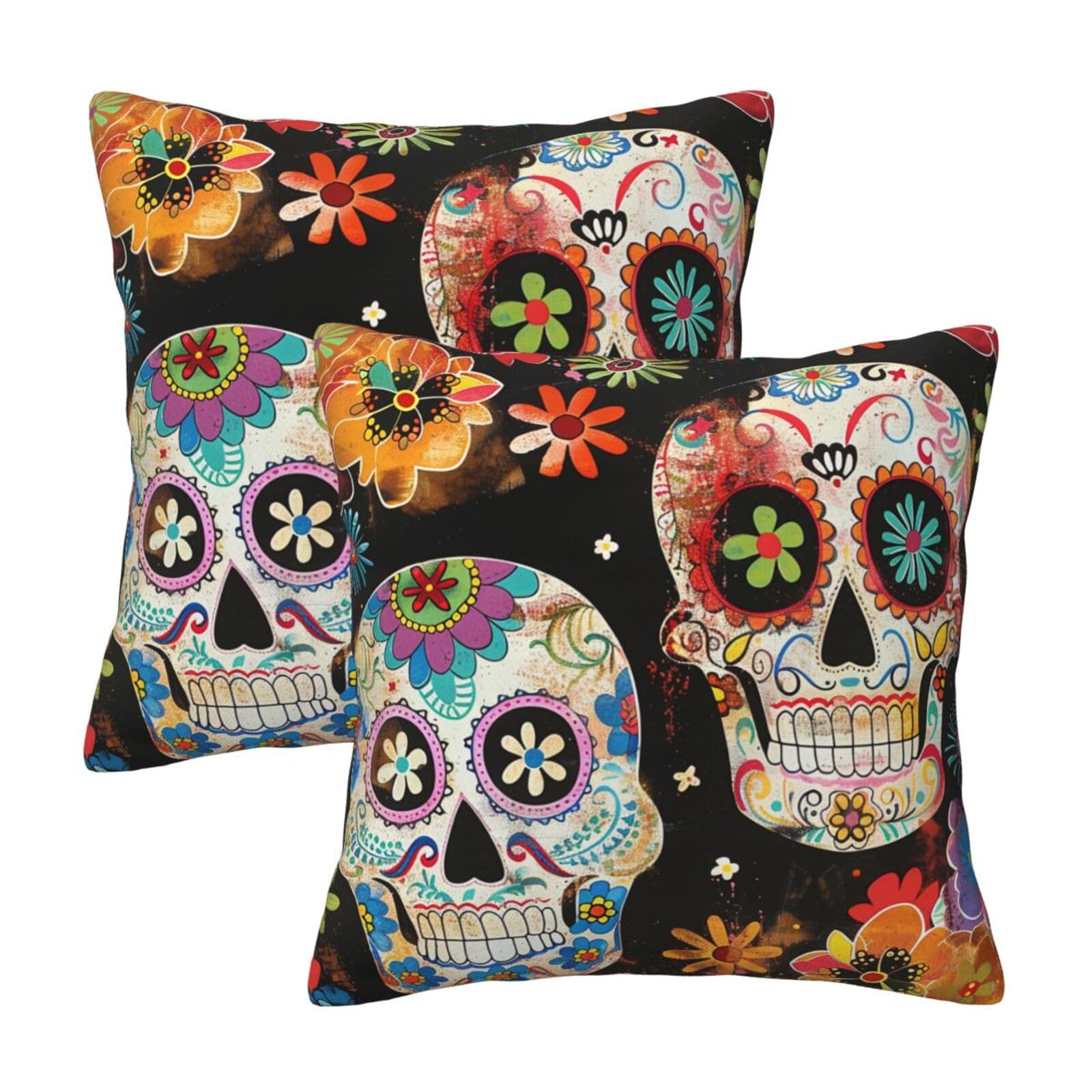 Sugar Skulls Throw Pillow Cases 2 Pack Square Pillowcases Soft Pillow Protectors for Couch Livingroom Sofa Bed Office Car,40x40 CM