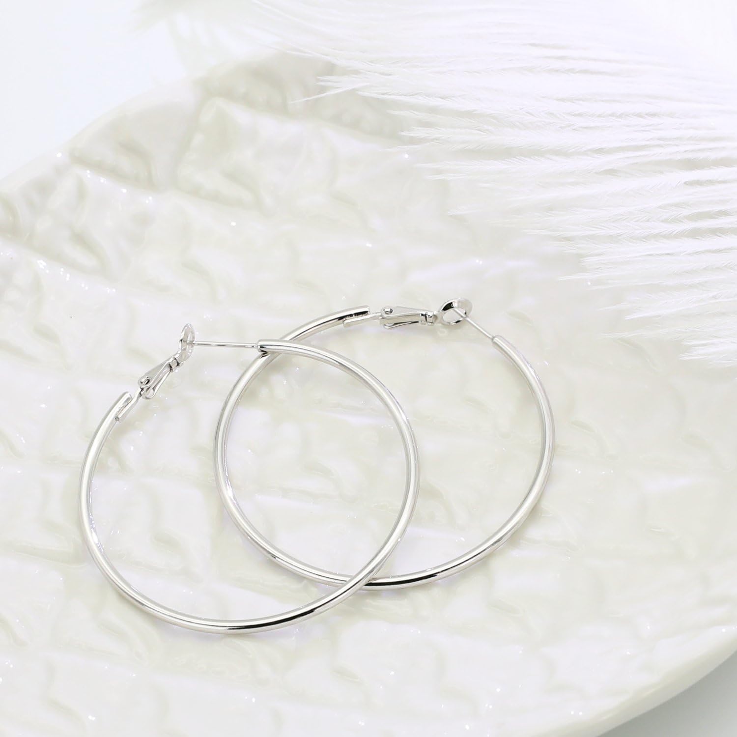 925 Sterling Silver Post Hoop Earrings,18K White Gold Plated Polished Rounded Hoop Earrings For Women, Gift Box Packaging
