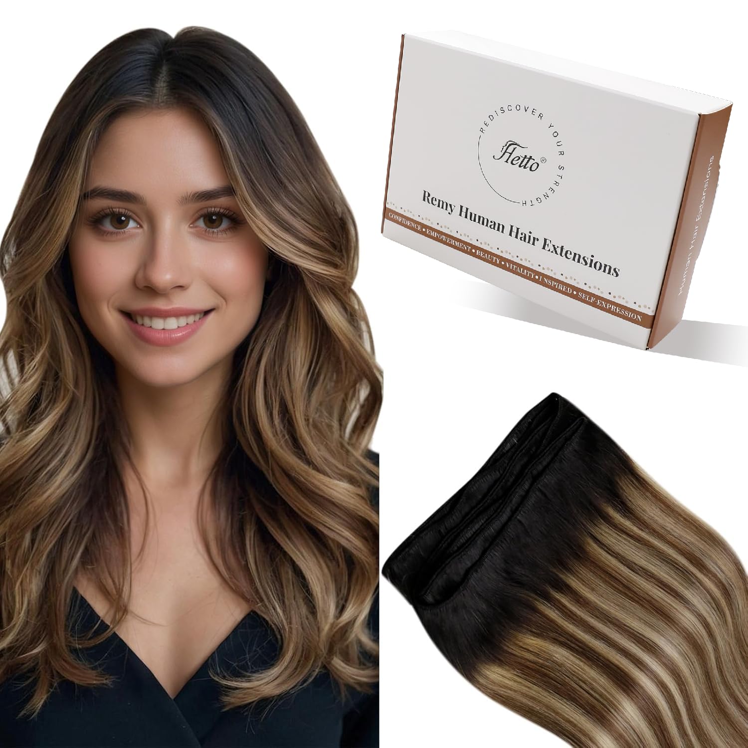 Hetto Weft Hair Extensions Real Human Hair 18 Inch 100g Balayage Black to Brown Mix Blonde